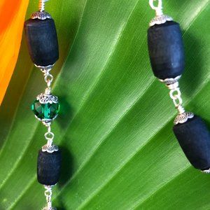 34  1/2 black Tulasi Tulsi with green crystal glass beads